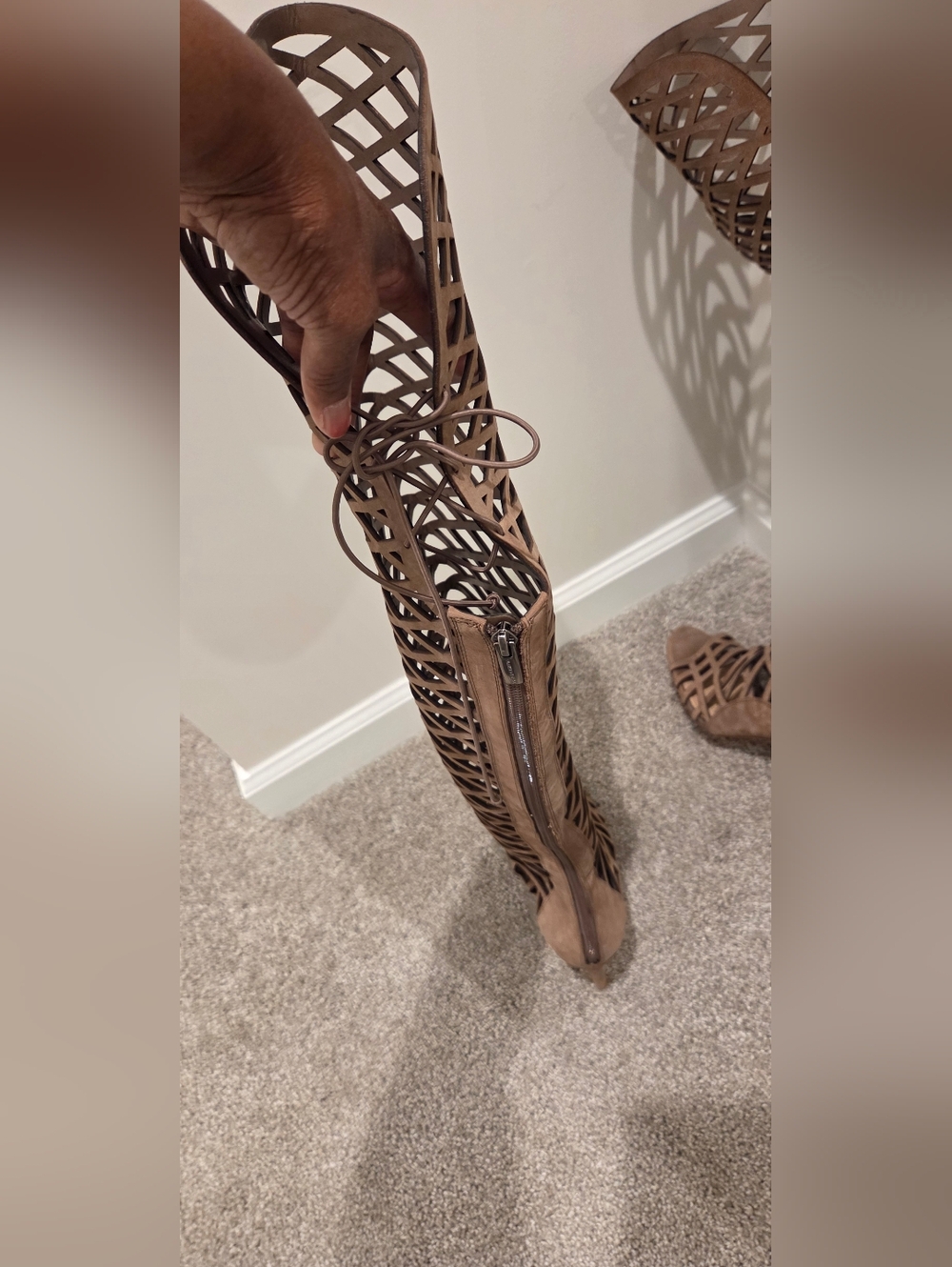 Vince Camuto Taupe Lattice Over-the-Knee Heeled Boots - Picture 3 of 4